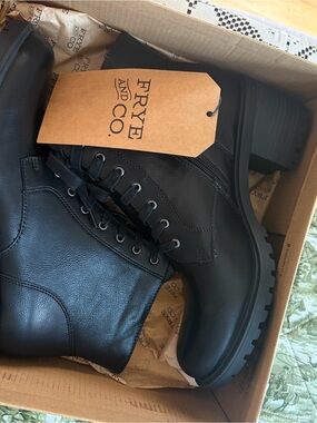 Frye Black Leather Lace-Up Combat Boots